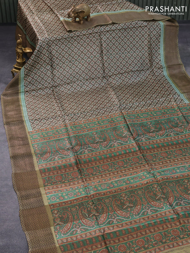 Pure tussar silk saree sandal and green with allover geometric prints and zari woven border -