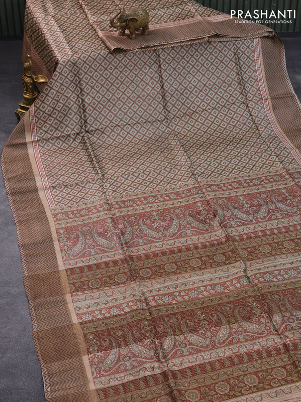 Pure tussar silk saree elaichi green and brown shade with allover geometric prints and zari woven border -