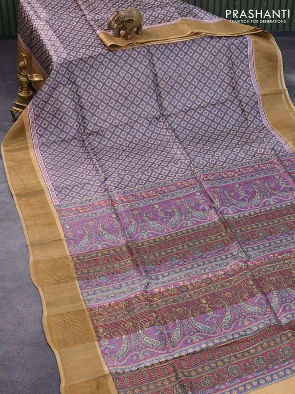 Pure tussar silk saree grey and sandal with allover geometric prints and zari woven border -