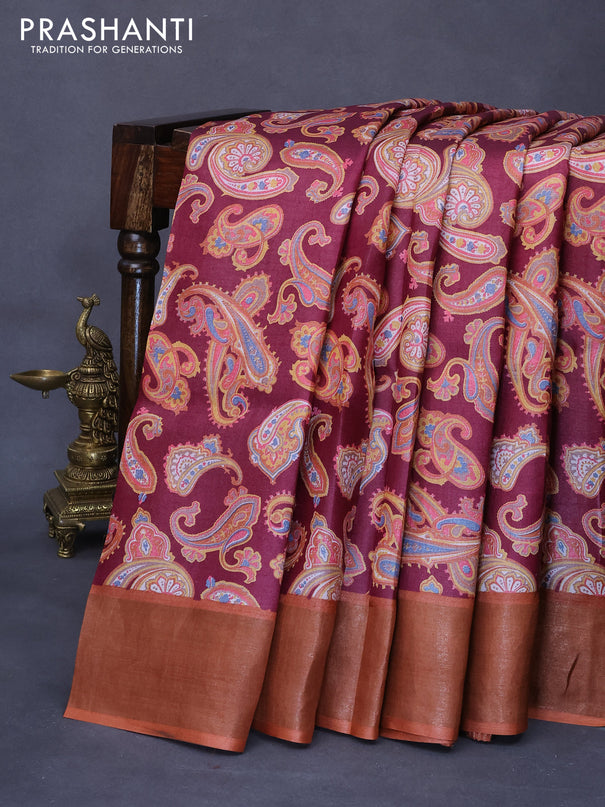 Pure tussar silk saree dark magenta pink and orange with allover paisley prints and zari woven border -