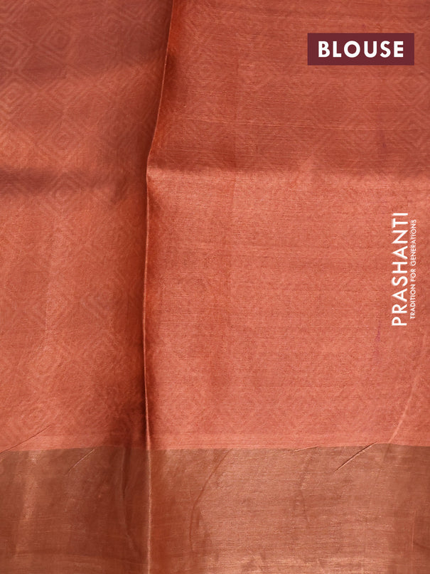 Pure tussar silk saree dark magenta pink and orange with allover paisley prints and zari woven border -