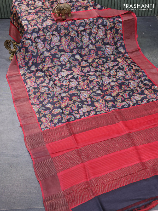 Pure tussar silk saree black and red with allover paisley prints and zari woven border -