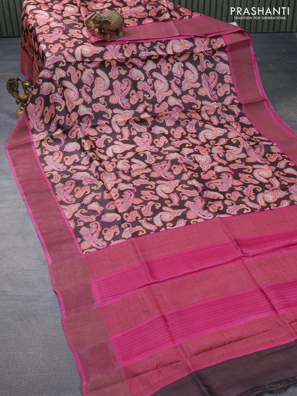 Pure tussar silk saree deep coffee brown and magenta pink with allover paisley prints and zari woven border -