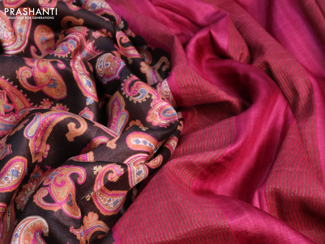 Pure tussar silk saree deep coffee brown and magenta pink with allover paisley prints and zari woven border -