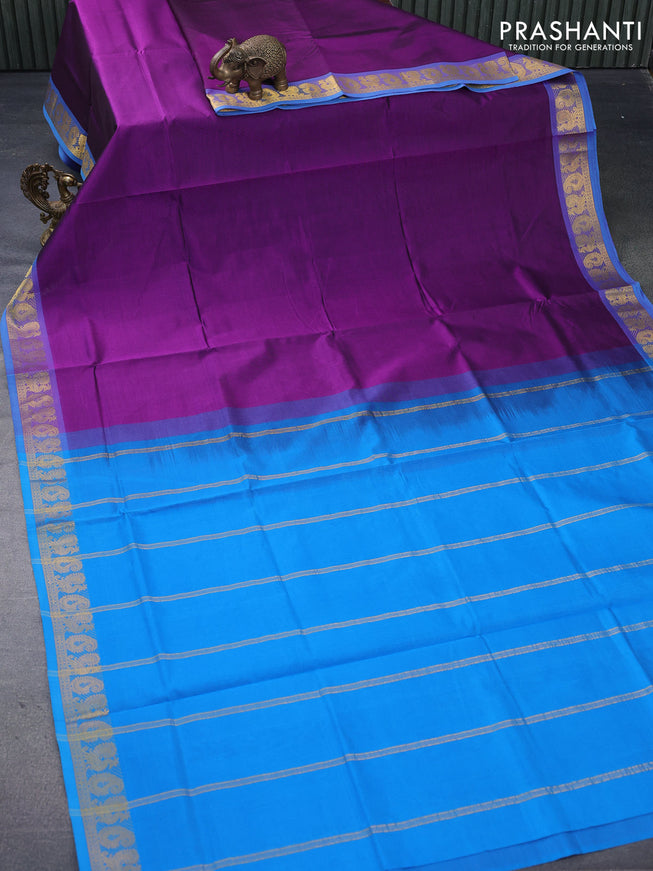 Silk cotton saree purple and cs blue with plain body and annam & paisley zari woven border
