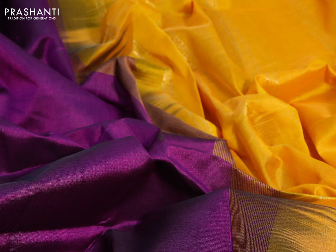 Silk cotton saree purple and mustard yellow with plain body and zari woven border