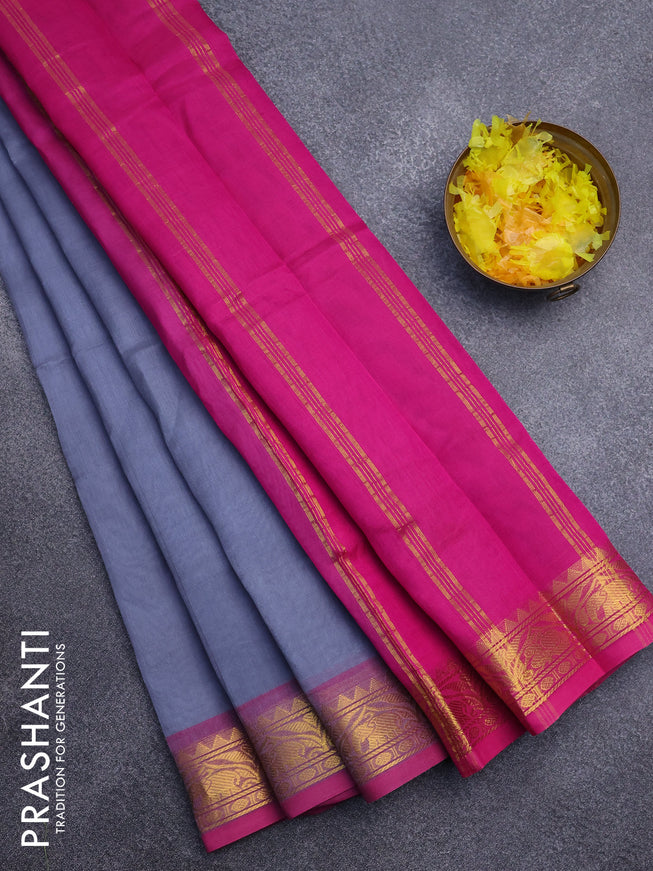 Silk cotton saree grey and pink with plain body and zari woven border