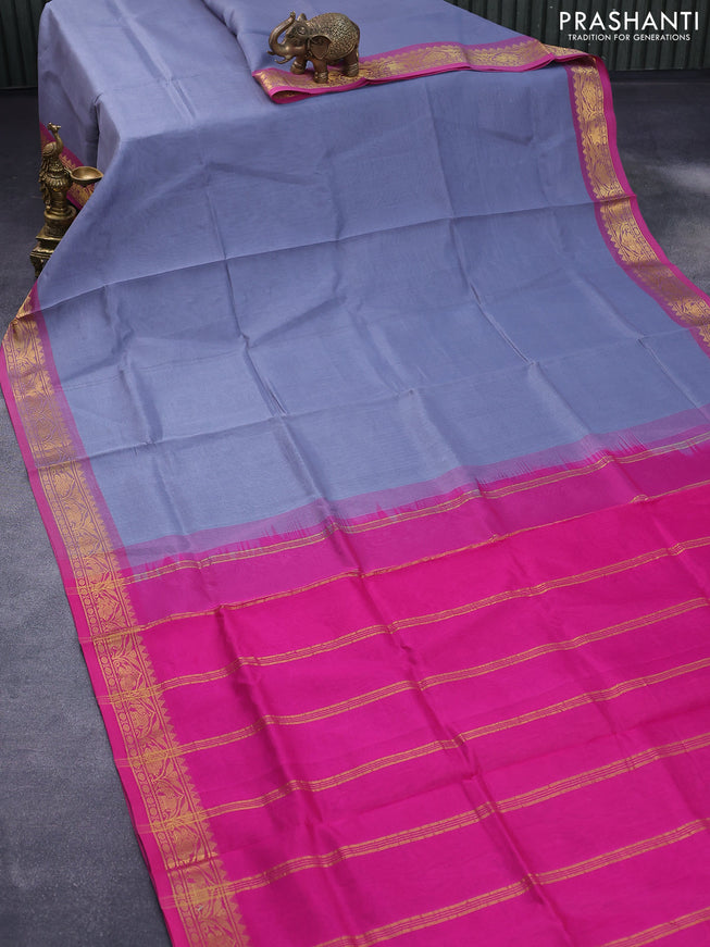Silk cotton saree grey and pink with plain body and zari woven border