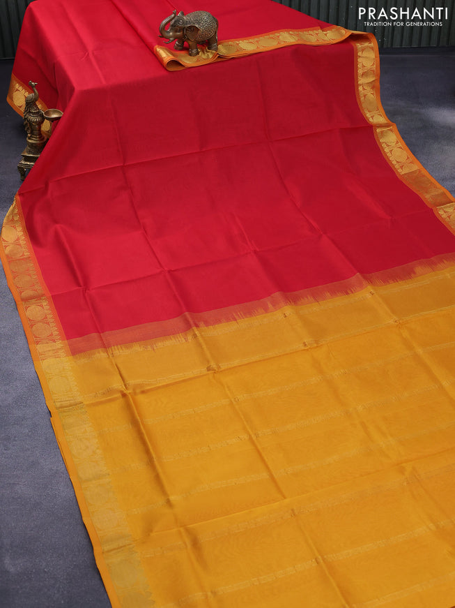 Silk cotton saree red and mustard yellow with plain body and rudhraksha zari woven border