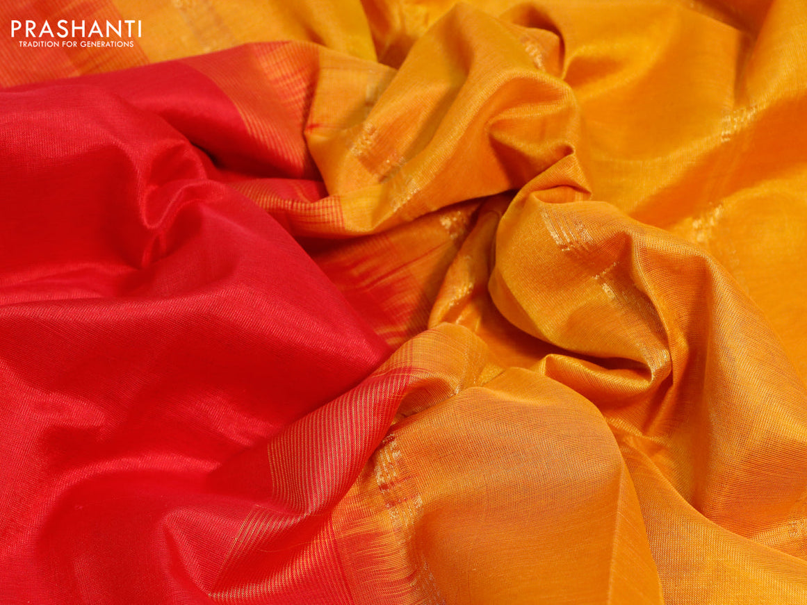 Silk cotton saree red and mustard yellow with plain body and rudhraksha zari woven border