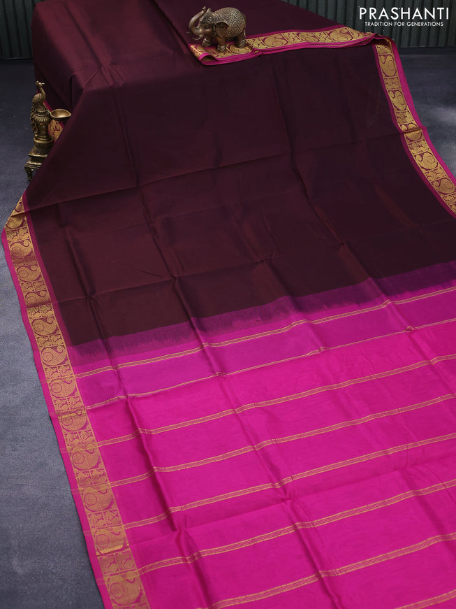 Silk cotton saree brown and pink with plain body and paisley zari woven border