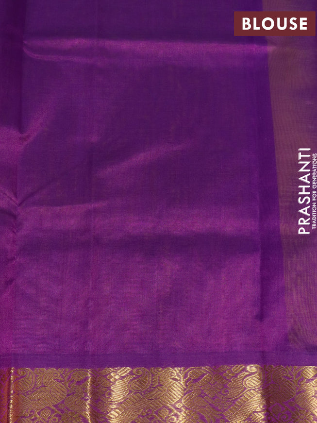 Silk cotton saree lime yellow and purple with plain body and peacock zari woven border