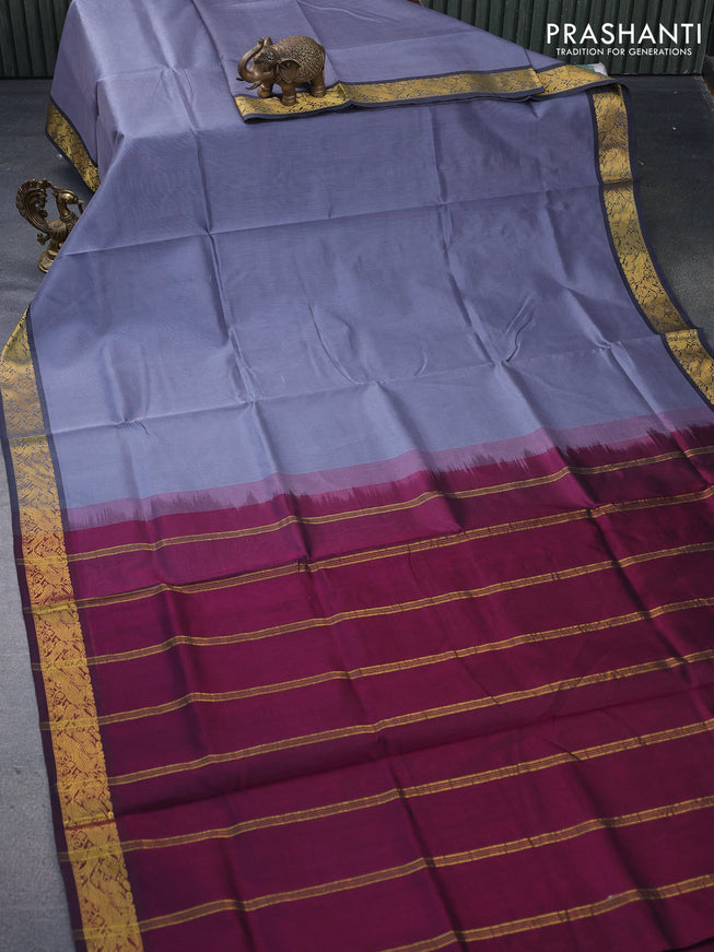 Silk cotton saree grey and dark magenta pink with plain body and peacock zari woven border