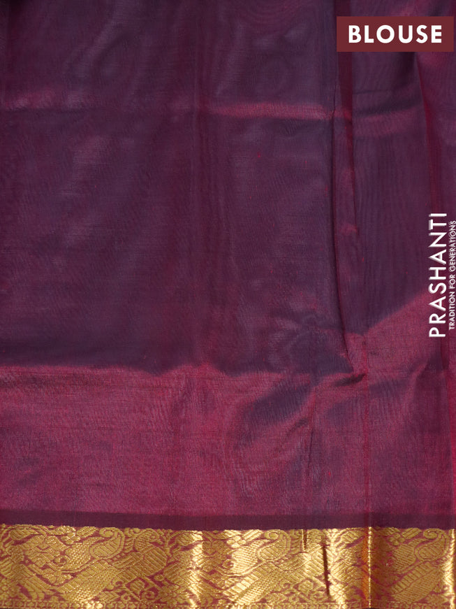 Silk cotton saree grey and dark magenta pink with plain body and peacock zari woven border