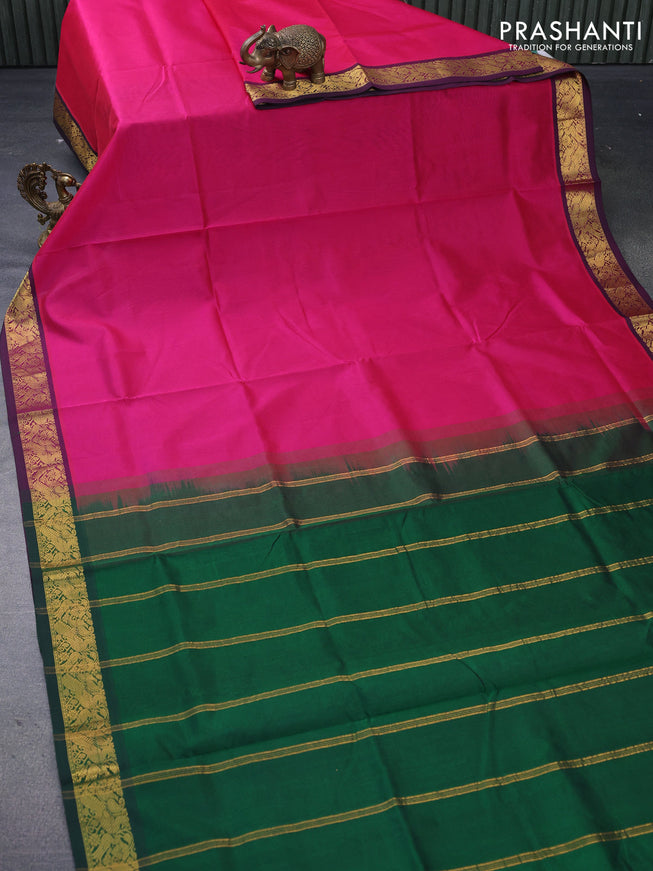 Silk cotton saree pink and green with plain body and peacock zari woven border