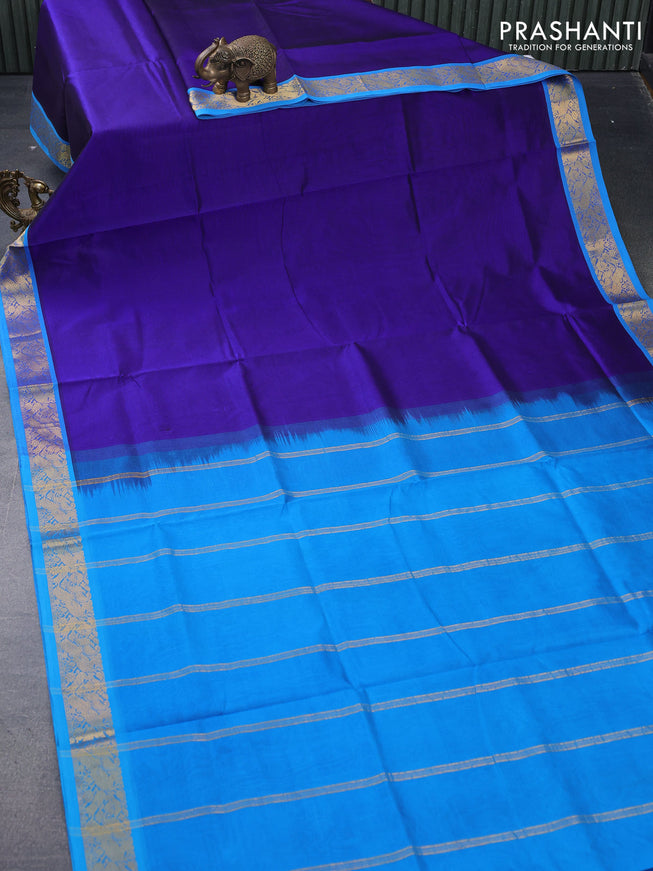 Silk cotton saree blue and cs blue with plain body and peacock zari woven border