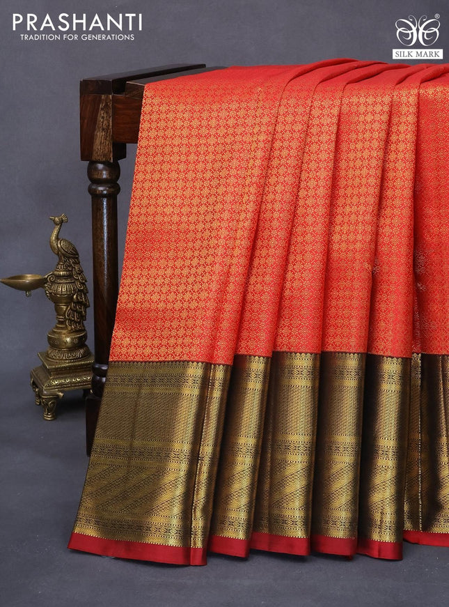 Pure kanjivaram silk saree red and black with allover zari woven brocade weaves and rich zari woven border