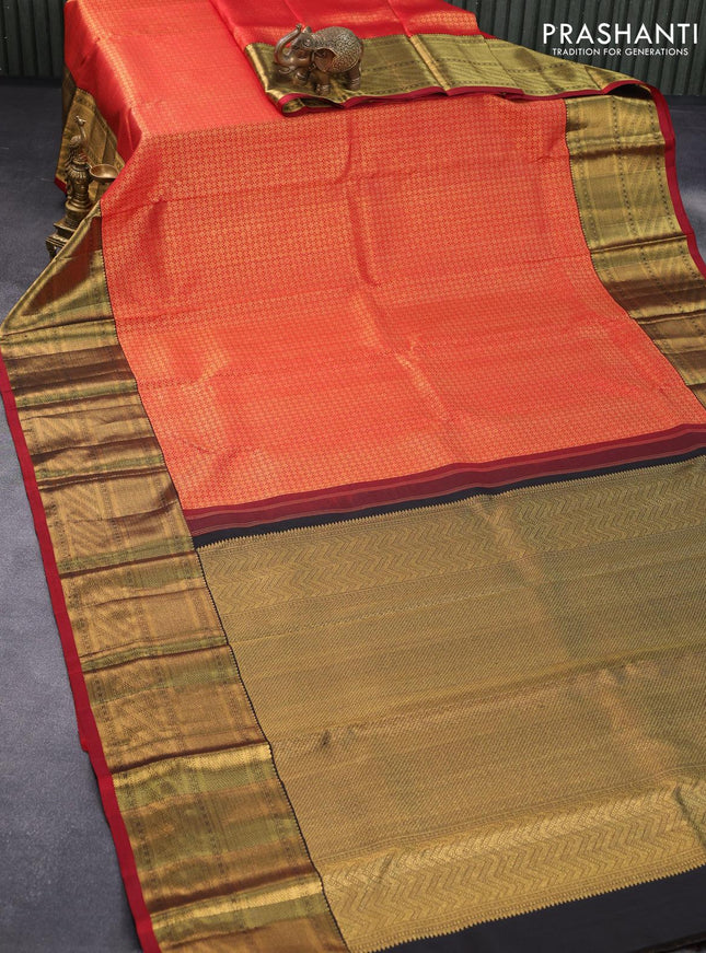 Pure kanjivaram silk saree red and black with allover zari woven brocade weaves and rich zari woven border