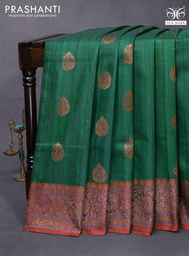 Banarasi handloom dupion silk saree green and dual shade of reddish green with thread & zari woven buttas and floral design woven border