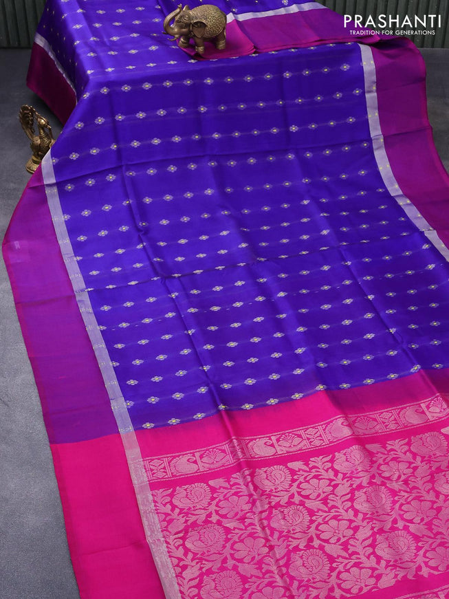 Blue raw mango silk saree with swan & flower buttas, traditional zari border & floral design pallu