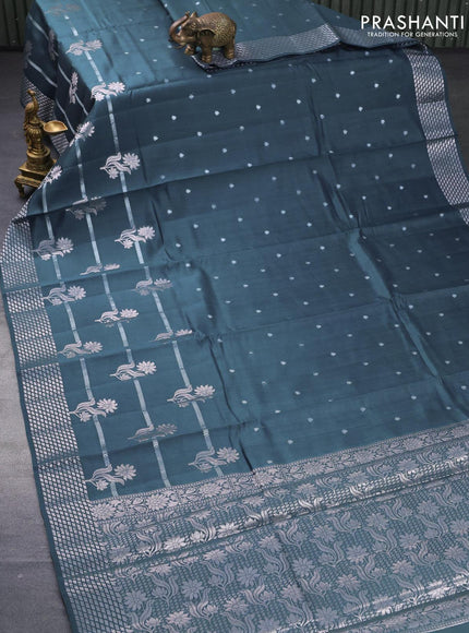 Chiniya silk saree peacoock green with silver zari woven buttas and zari woven border