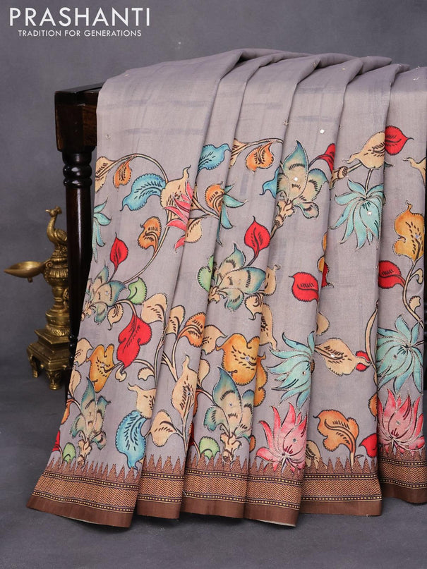 Semi tussar saree grey and brown with kalamkari prints & mirror embroidery work and vidarbha style border