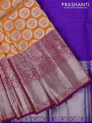 Pure silk kids lehenga mustard yellow and dual shade of blue with silver zari woven annam buttas and long silver zari woven border