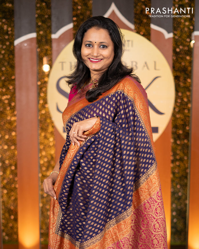 Pure banarasi georgette saree navy blue and pink with allover thread & zari woven butta weaves and woven border