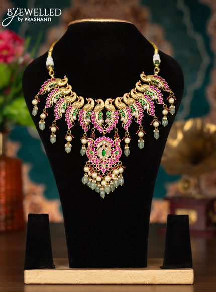 Jadau necklace with jadau kundan stones and pearl & natural beads hangings