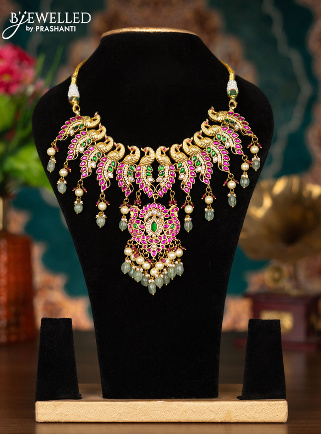 Jadau necklace with jadau kundan stones and pearl & natural beads hangings