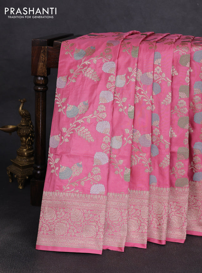 Banarasi uppada silk saree peach pink with allover zari weaves and zari woven border