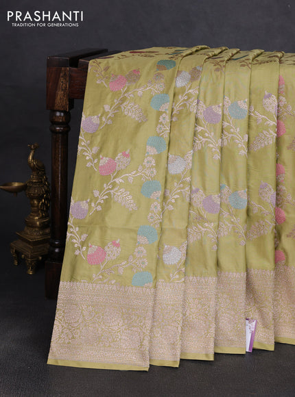 Banarasi uppada silk saree pista green with allover zari weaves and zari woven border