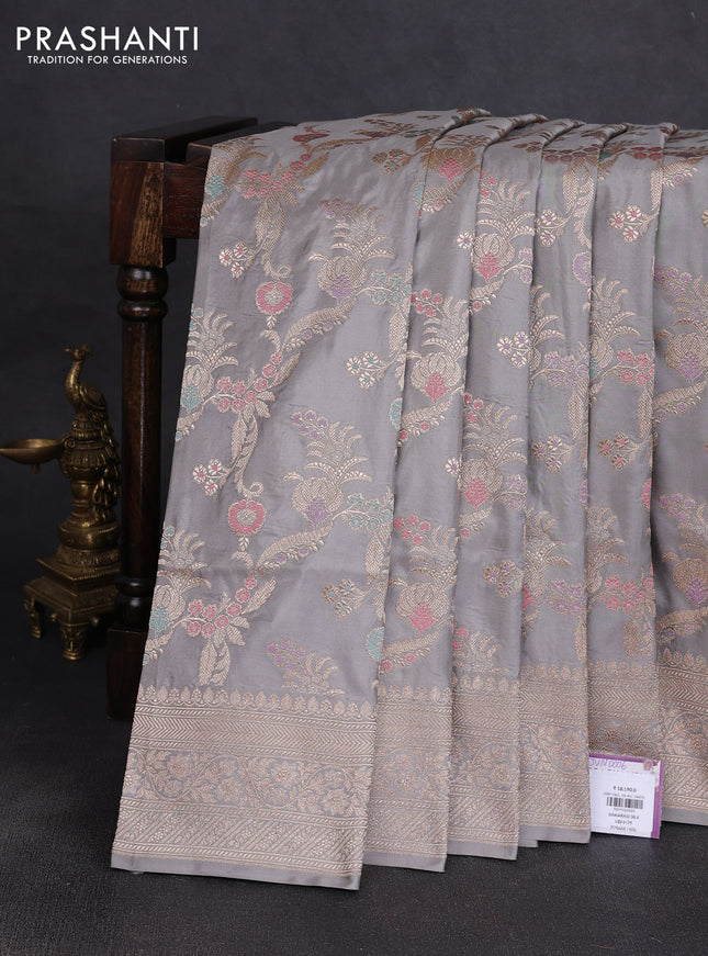 Banarasi uppada silk saree grey with allover floral zari weaves and zari woven border