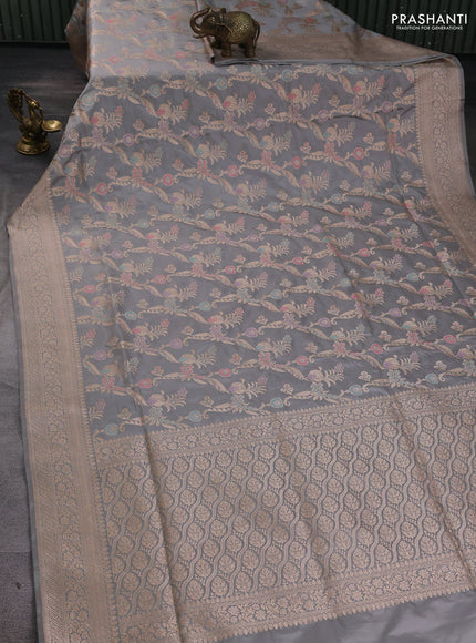 Banarasi uppada silk saree grey with allover floral zari weaves and zari woven border
