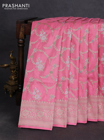 Banarasi uppada silk saree peach pink with allover floral zari weaves and zari woven border