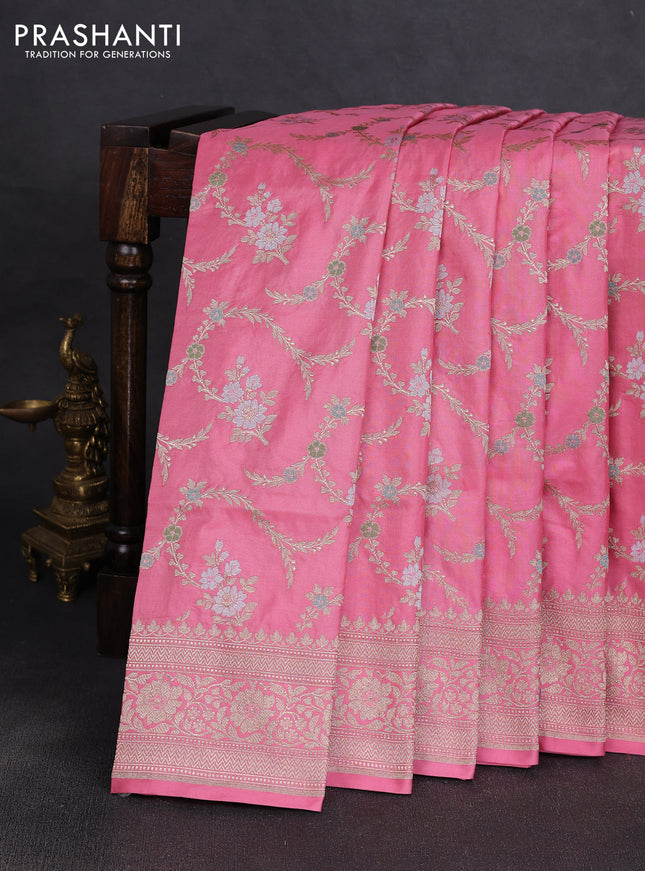 Banarasi uppada silk saree peach pink with allover floral zari weaves and zari woven border