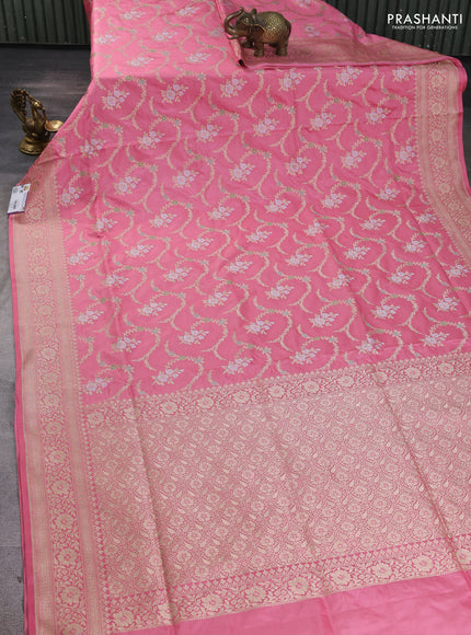 Banarasi uppada silk saree peach pink with allover floral zari weaves and zari woven border