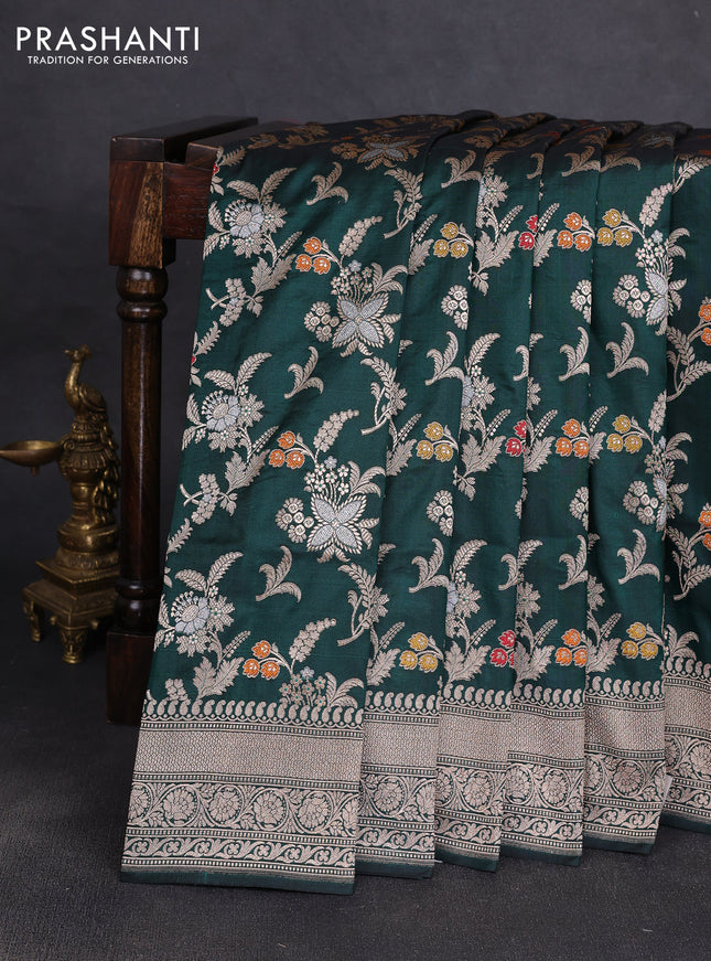 Banarasi uppada silk saree bottle green with allover floral zari weaves and zari woven border