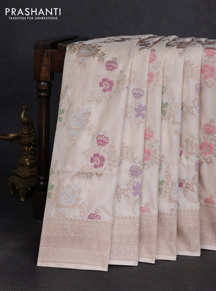 Banarasi uppada silk saree beige with allover floral zari weaves and zari woven border