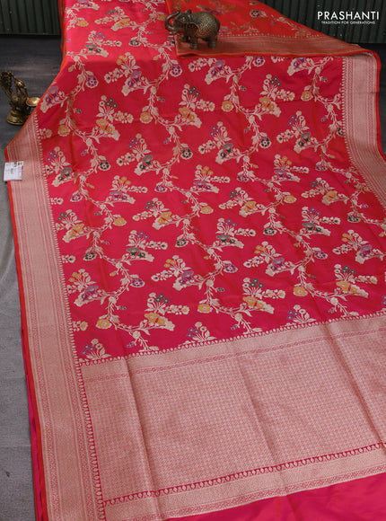 Banarasi uppada silk saree dual shade of pinkish orange with allover floral zari weaves and zari woven border