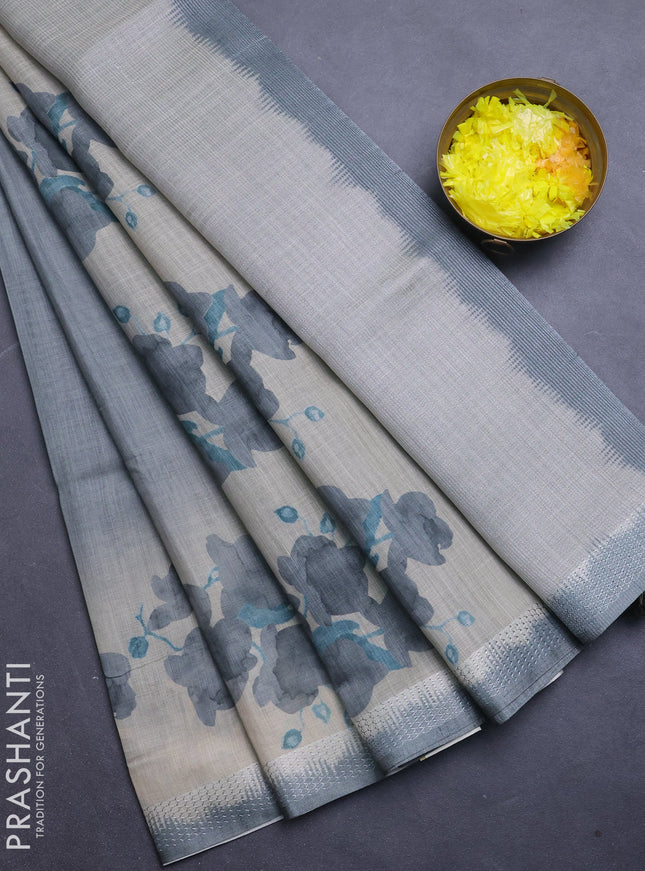 Art linen cotton saree olive green and beige with plain body and floral printed silver zari woven border