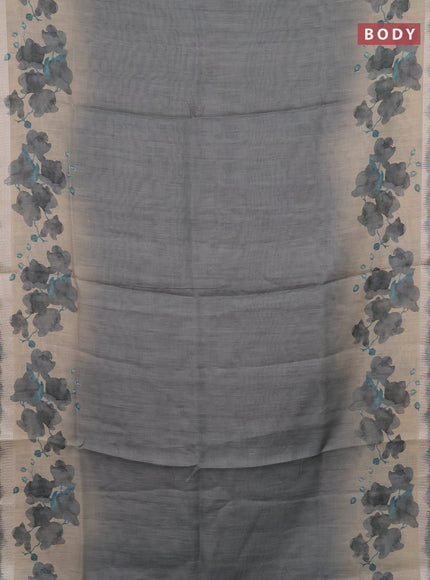 Art linen cotton saree olive green and beige with plain body and floral printed silver zari woven border