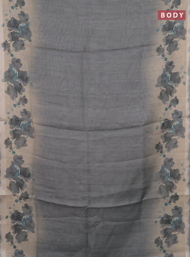 Art linen cotton saree olive green and beige with plain body and floral printed silver zari woven border