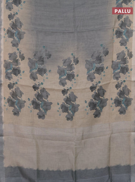 Art linen cotton saree olive green and beige with plain body and floral printed silver zari woven border