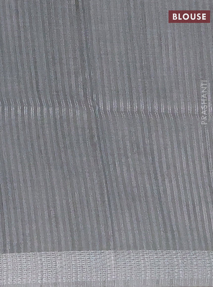 Art linen cotton saree olive green and beige with plain body and floral printed silver zari woven border
