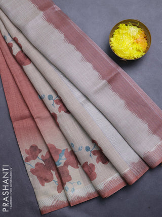 Art linen cotton saree deep maroon and beige with plain body and floral printed silver zari woven border
