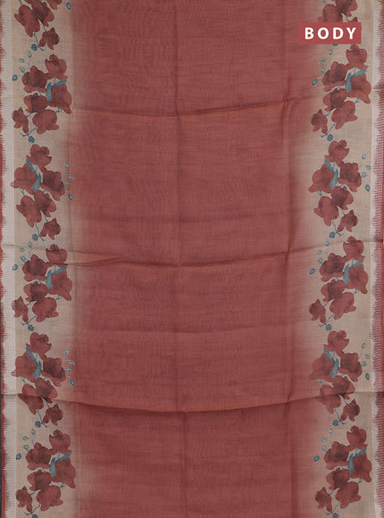 Art linen cotton saree deep maroon and beige with plain body and floral printed silver zari woven border