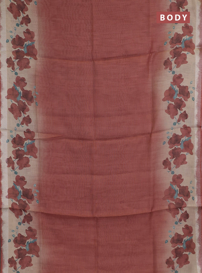 Art linen cotton saree deep maroon and beige with plain body and floral printed silver zari woven border