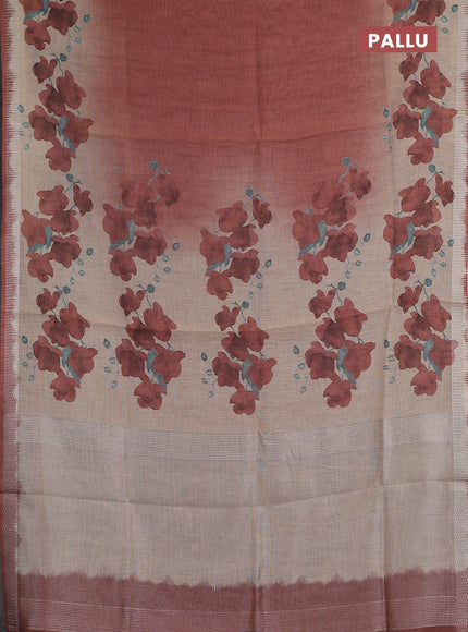 Art linen cotton saree deep maroon and beige with plain body and floral printed silver zari woven border