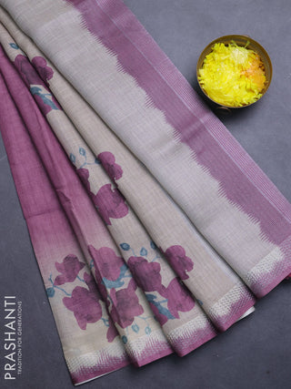 Art linen cotton saree purple and beige with plain body and floral printed silver zari woven border